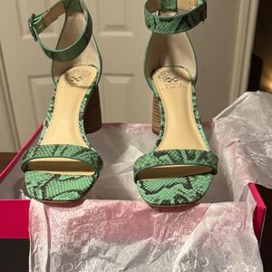 Vince Camuto Green Snake Print Heeled Sandals